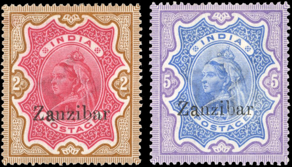 Zanzibar SG 19, 21 Mint 1895-96 2r, 5r variety First a sans-serif