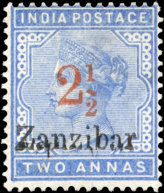 Zanzibar SG 26 var Mint 1895-96 2½ on 2a pale blue type 6 surcharge variety diagonal bar to fraction