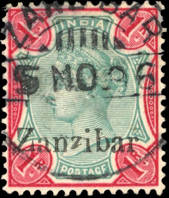 Zanzibar SG 18F Used 1895-96 1r green and carmine variety Second z Gothic