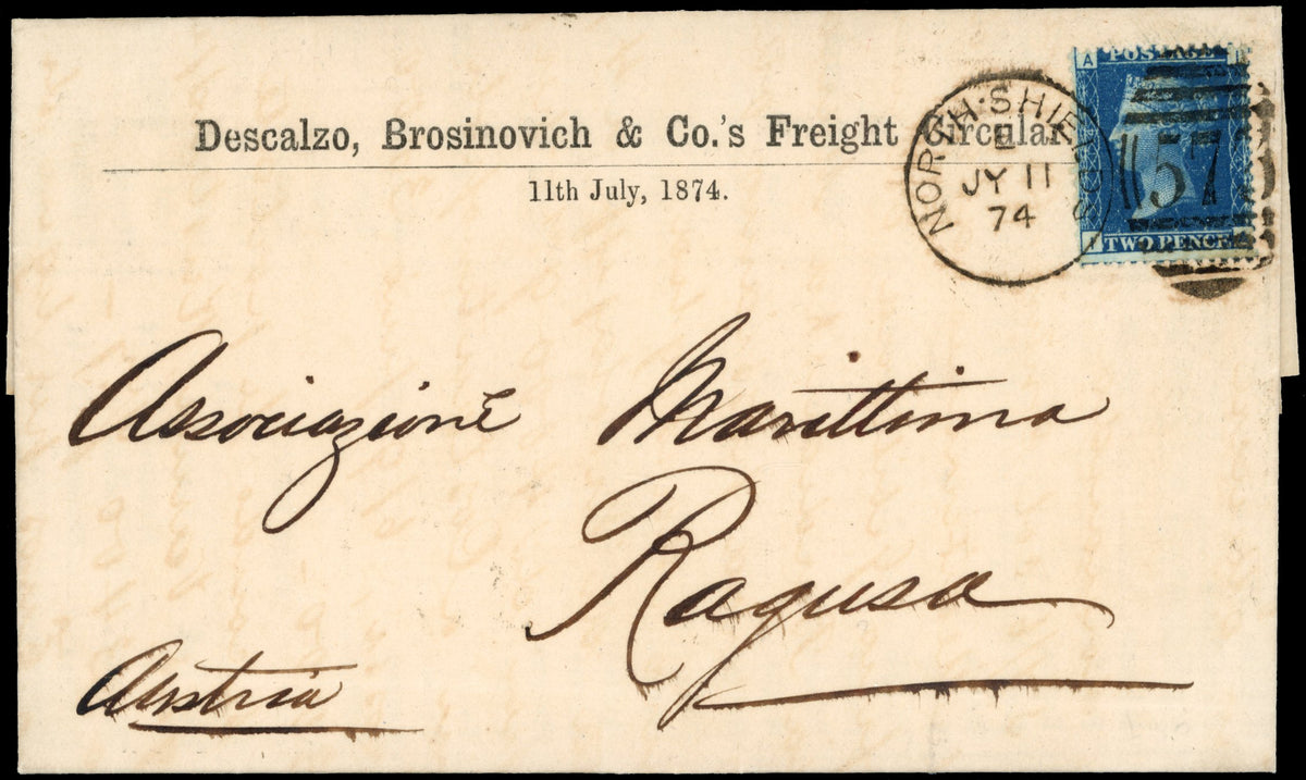 Great Britain SG 47 plate 14 Cover 1874 circular from North Shields to Ragusa with 1858-76 2d deep blue