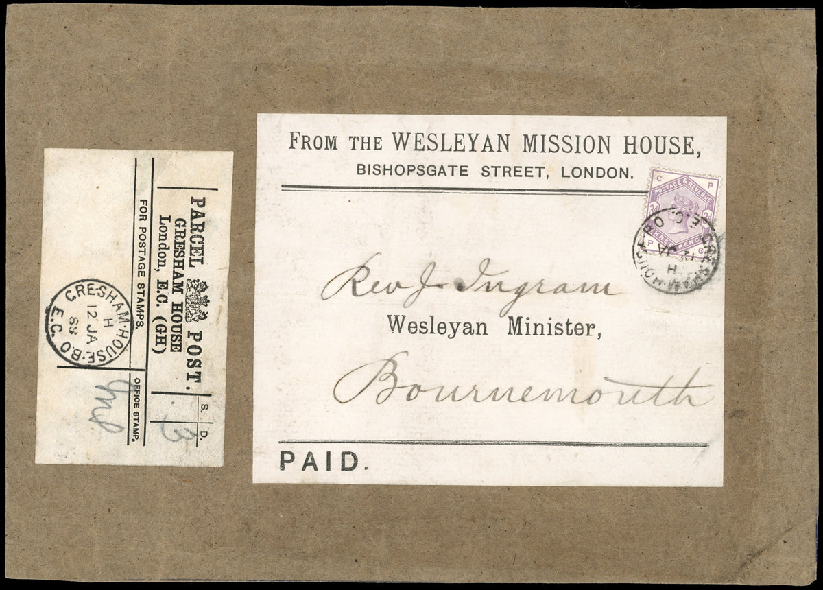 Great Britain SG 191 Cover 1888 parcel front to Bournemouth with 1883-84 3d lilac