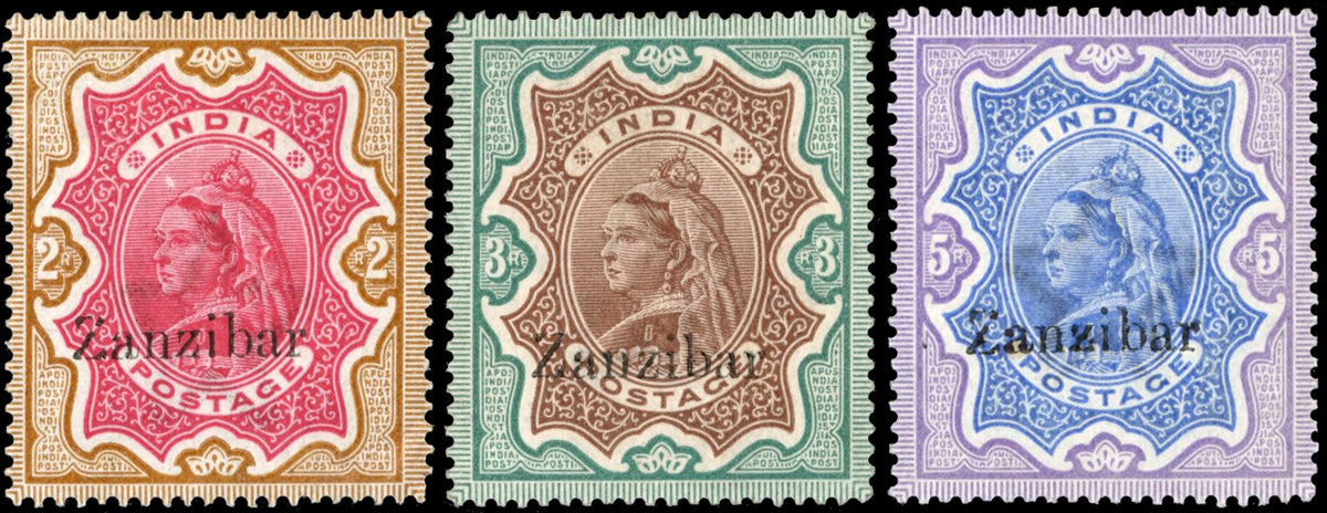 Zanzibar SG 19/21 var Mint 1895-96 2, 3r, 5 variety Daun's capital Z