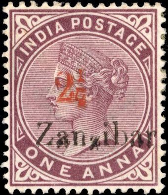Zanzibar SG 32 Mint 1895-96 2½ on 1a plum type 3 surcharge in red