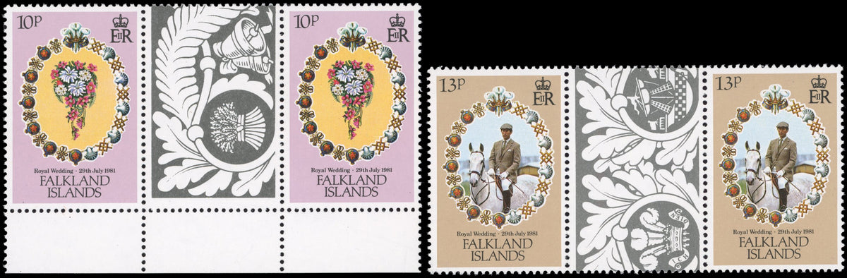 Falkland Islands SG 402w, 403w Unmounted Mint 1981 Royal Wedding 10p, 13 gutter pairs with watermark inverted