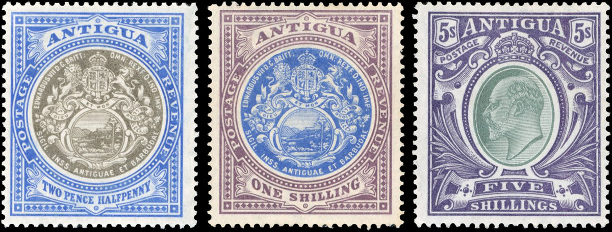 Antigua SG 34a, 37a, 40b Mint 1903-07 KEVII 2½d, 1s, 5s on chalk-surfaced paper