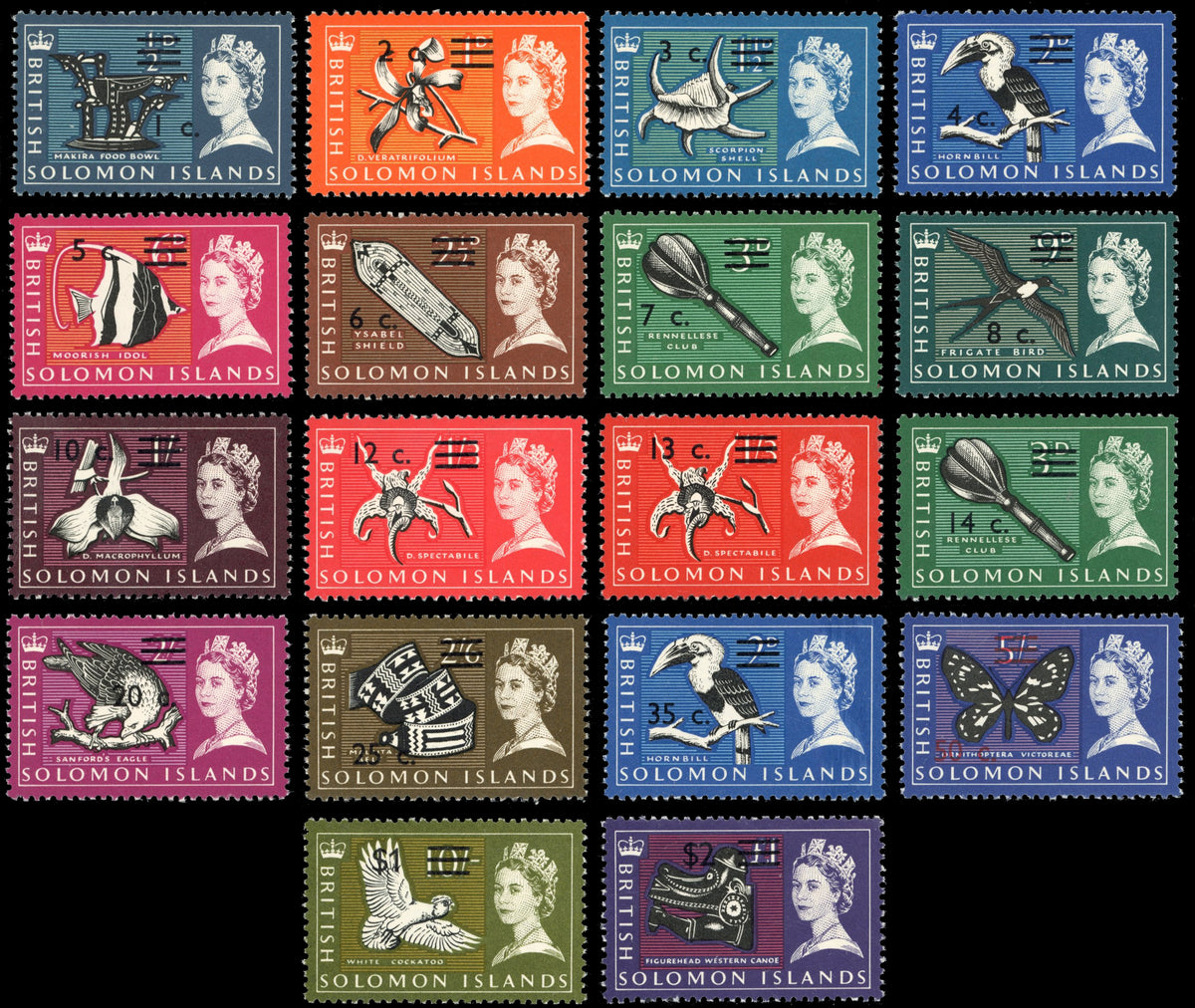 British Solomon Islands SG 135B/152B Unmounted Mint 1966-67 set of 18 sideways watermarked