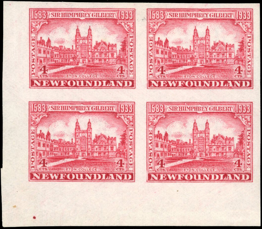 Newfoundland SG 239a Mint 1933 Gilbert 4c carmine imperforate block of 4