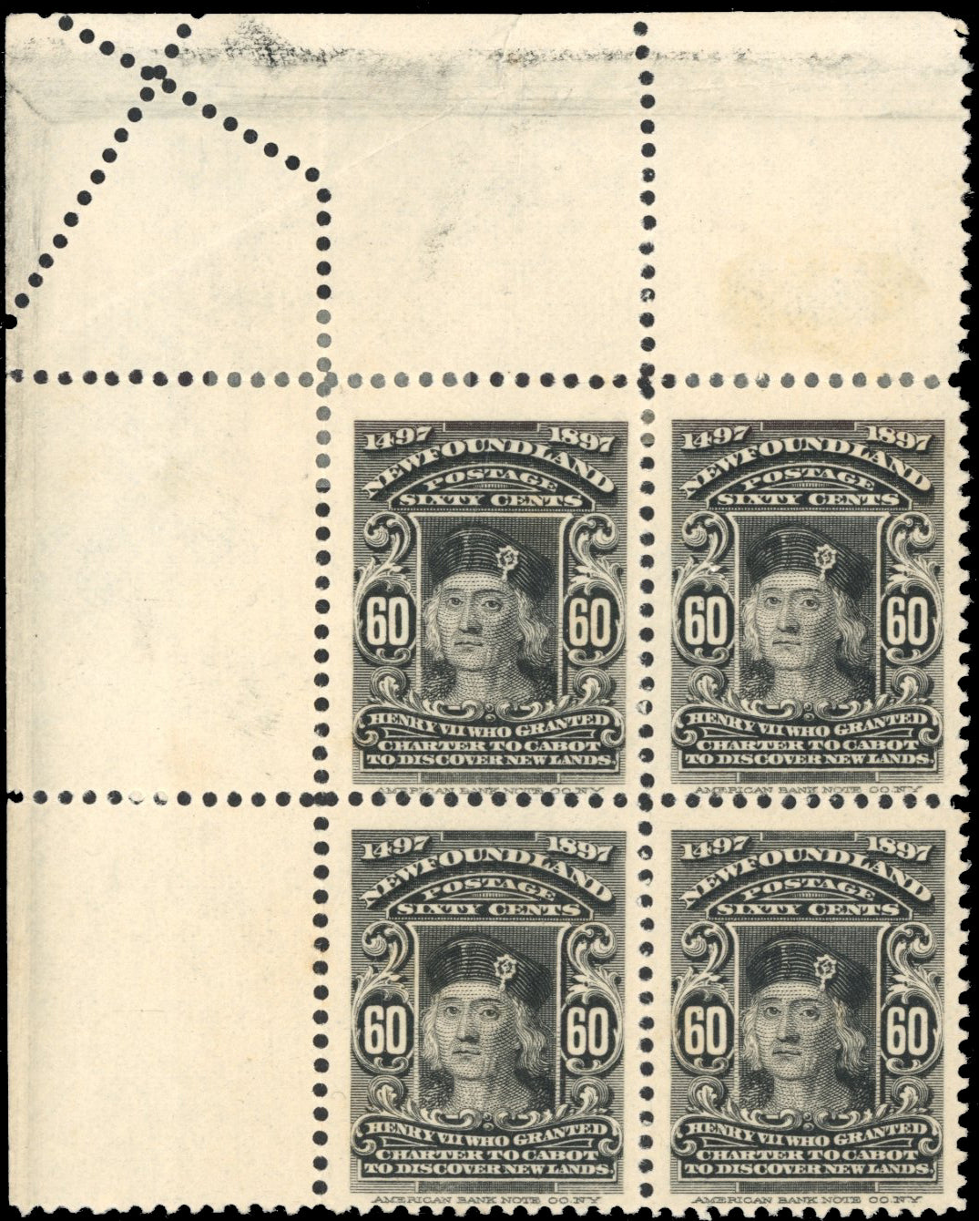 Newfoundland SG 79 Mint 1897 400th Anniversary 60c black block of 4