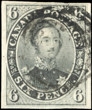 Canada SG 10 Used 1852-57 Prince Albert 6d greenish grey on medium handmade paper