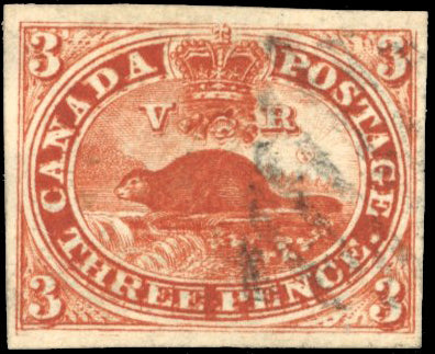 Canada SG 6b Used 1852-57 Beaver 3d deep red with major re-entry