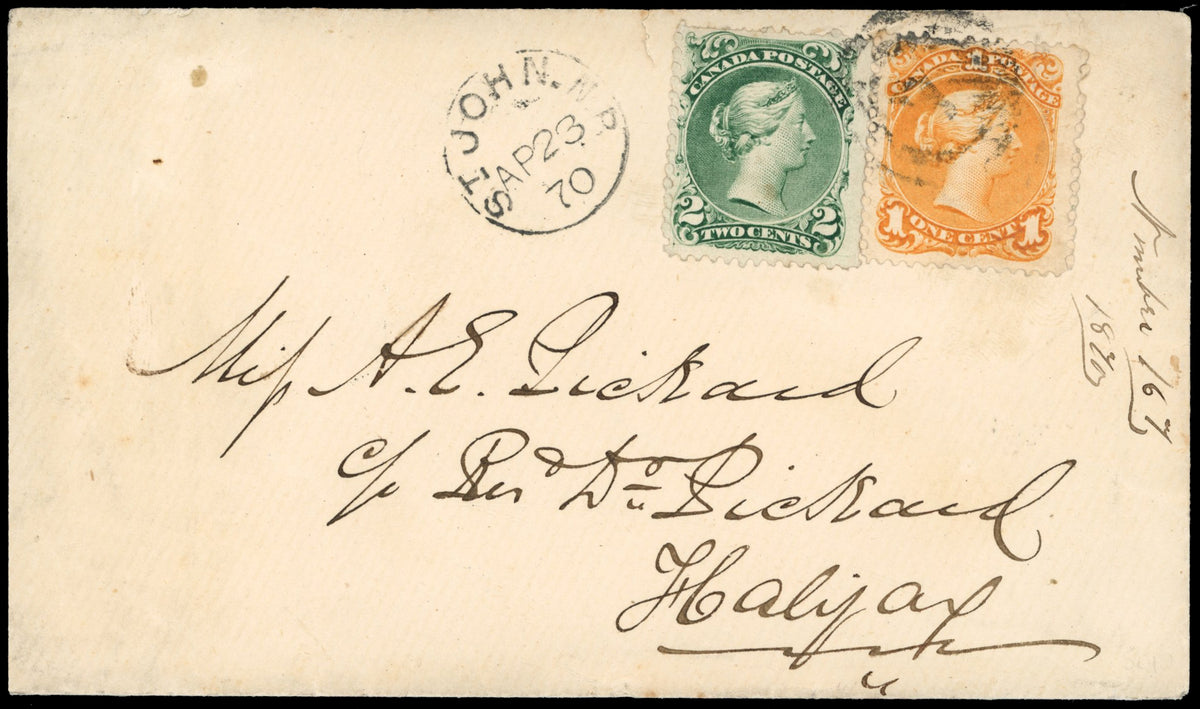 Canada SG 56a, 57 1870 cover to Halifax with Large Queen 1c and 2c