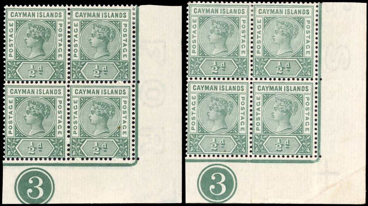 Cayman Islands SG 1, 1a Mint 1900 ½d deep green, pale green plate blocks