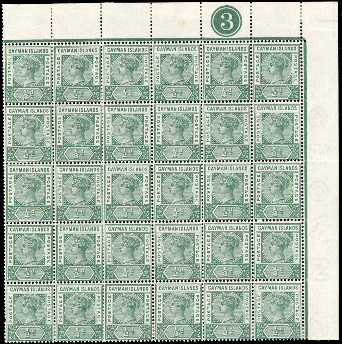Cayman Islands SG 1, 2a Mint 1900 ½d deep green, 1d pale carmine plate blocks of 30