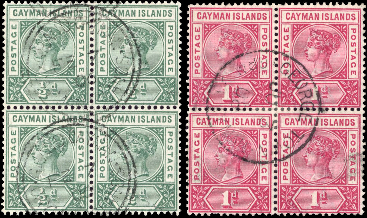 Cayman Islands SG 1/2 Used 1900 ½a deep green, 1d rose-carmine blocks of 4