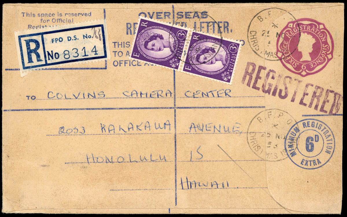 Gilbert and Ellice Islands Cover 1958 registered postal stationery envelope from Christmas Island to Hawai'i