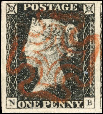 GB SG 2 1840 1d black Plate 2 'NB' four margins used