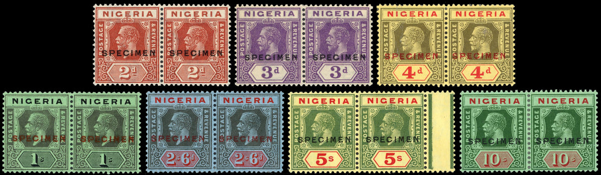 Nigeria SG 19s/29s 1921 2d-10s SPECIMEN type D16 set of 7 in pairs mint