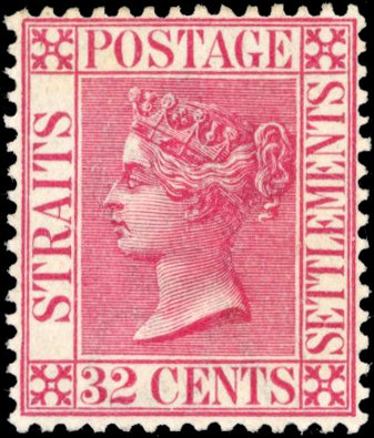 Straits Settlements SG 94a 1892 32c carmine-rose surcharge omitted mint