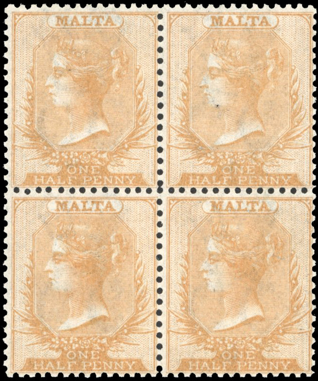 Malta SG 4 1863 ½d buff block of 4 unmounted mint