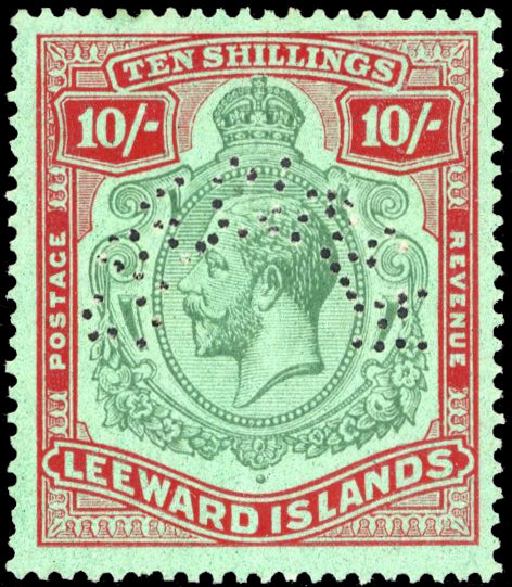 Leeward Islands SG 79bs 1921 10s green and red/green SPECIMEN 'Broken crown and scroll' mint