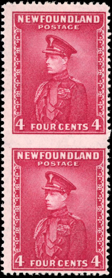 Newfoundland SG 224bb 1932 4c carmine Prince of Wales pair imperf between mint