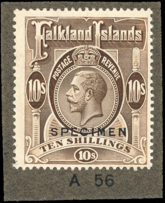 Falkland Islands SG 68 var Proof 1912-20 10s sepia printer's sample imperf