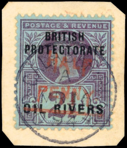 Niger Coast SG 31 1893 ½d on 2½d purple/blue Old Calabar provisional on piece used