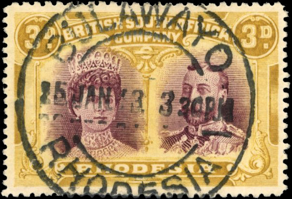 Rhodesia SG 180 1910 3d purple and ochre Double Head perf 14x15 Bulawayo cds used