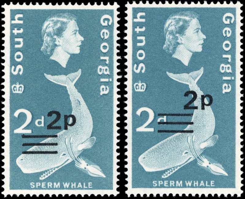 Falkland Islands Dependencies SG 21 var Unmounted Mint 1971-76 South Georgia 2p on 2d Sperm Whale misplaced surcharge