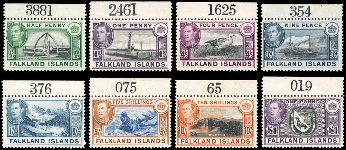 Falkland Islands SG 146/163 btwn Unmounted Mint 1938-50 range to £1 with sheet numbers