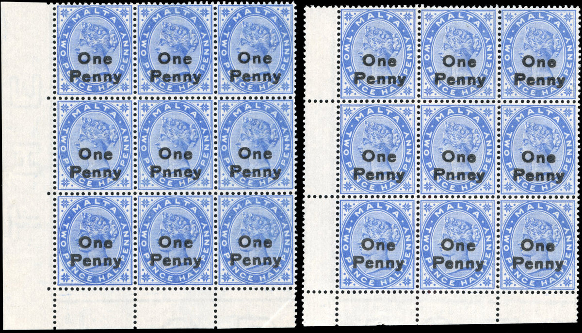 Malta SG 37a Mint 1902 1d on 2½d bright blue error One Pnney