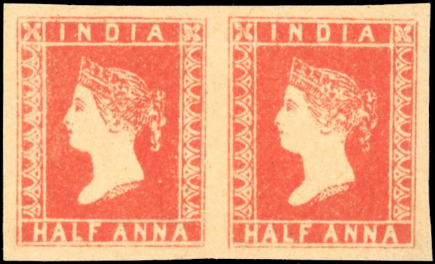 INDIA 1854 SG1 Mint ½a vermilion '9½ arches' horizontal pair prepared for use but not issued
