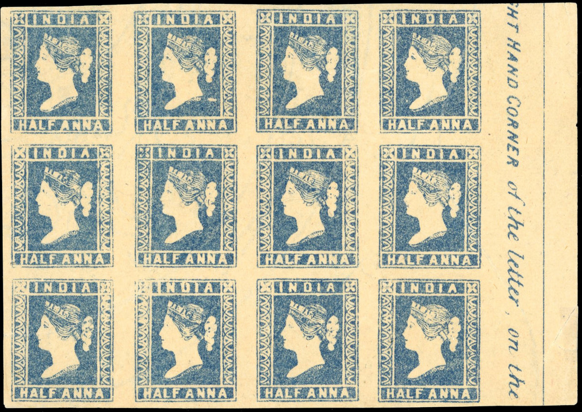 INDIA 1854 SG6 Mint ½a blue die II 'C' stone right marginal block of 12 with part inscription