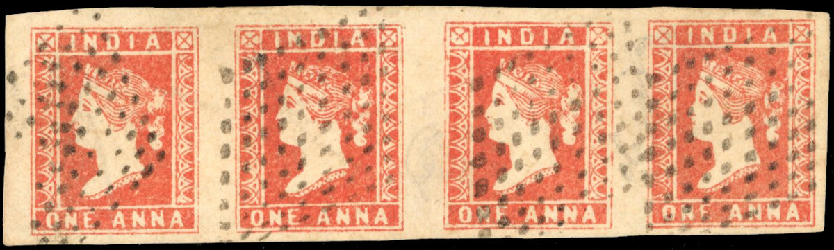 INDIA 1854 SG11 Used 1a red die I 'A' stone horizontal strip of 4 watermark misplaced