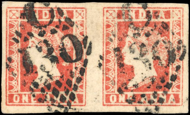 INDIA 1854 SG15 Used 1a red die III 'E' stone horizontal pair 'C-130' numerals of Cochin