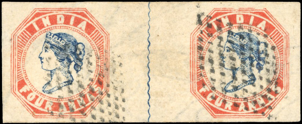 INDIA 1854 SG19 Used 4a deep blue and red head die II frame die I horizontal pair watermark inverted