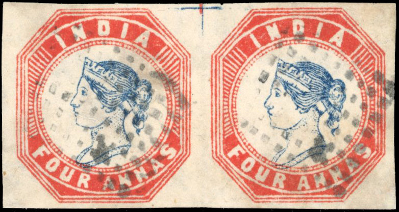 INDIA 1854 SG22 Used 4a deep blue and deep red 4th printing horizontal pair with part centre guide