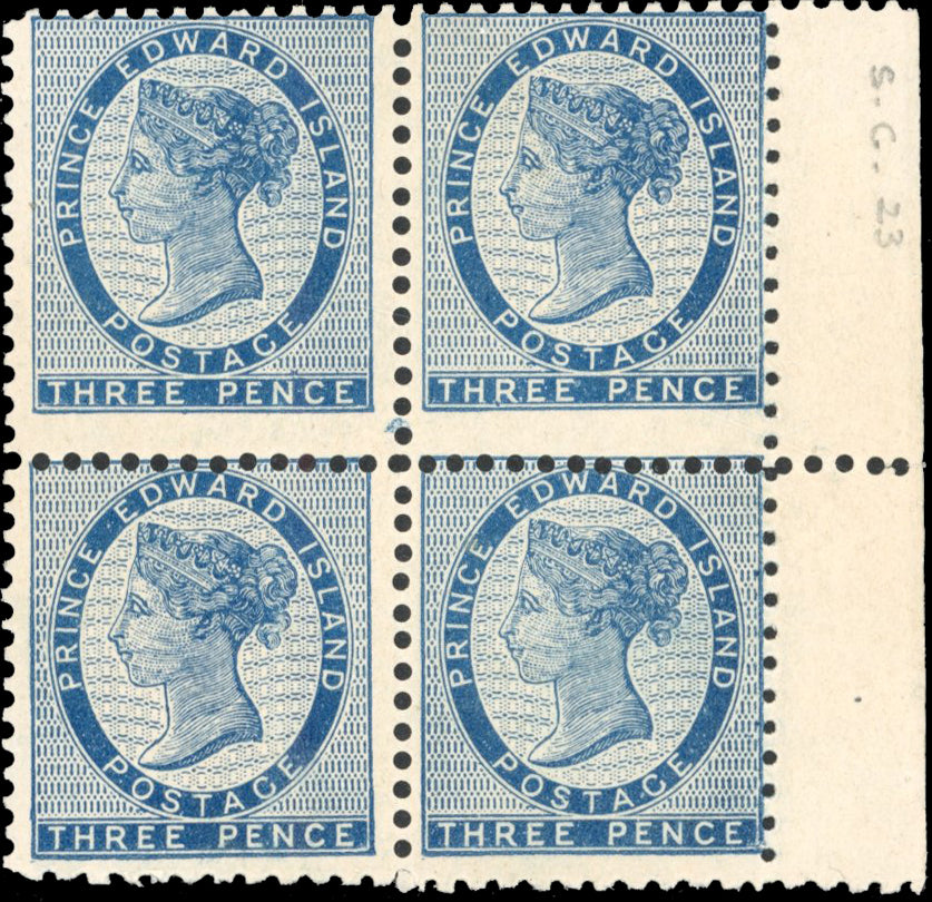 Prince Edward Island SG 14, 23 Mint 1862-69 3d blue block of 4 with compound perfs
