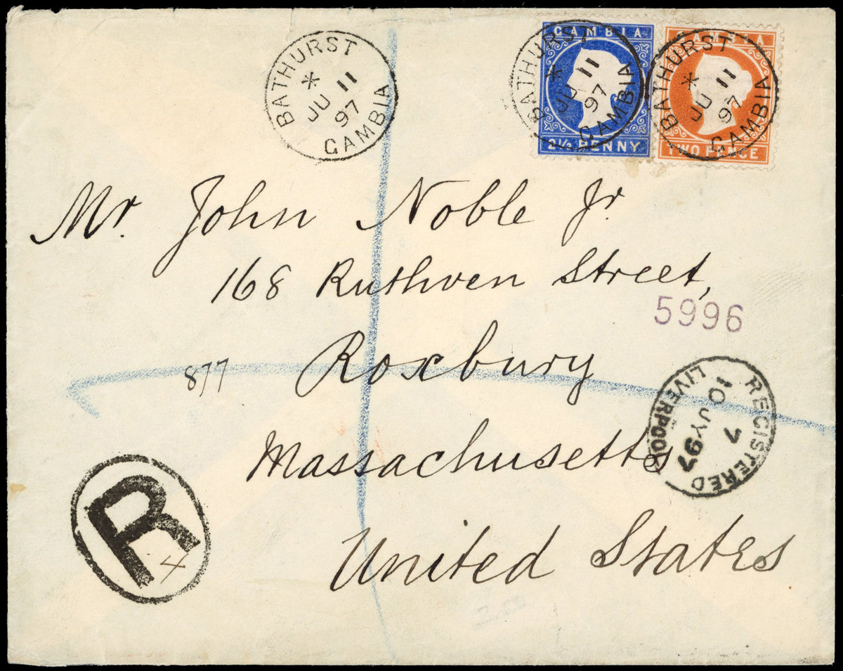 Gambia SG 24, 27 1897 registered cover from Bathurst to Roxbury USA