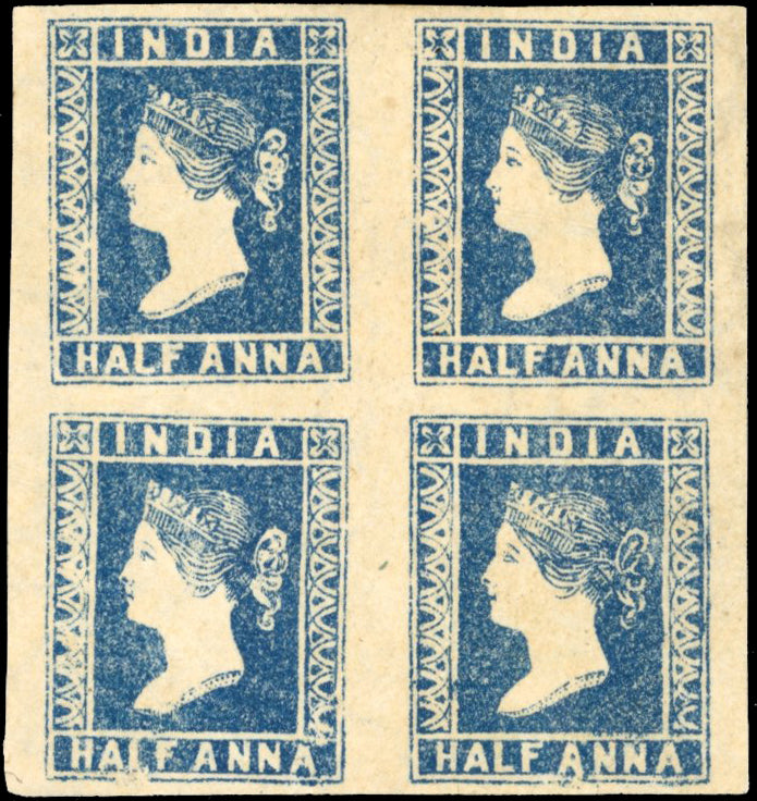 INDIA 1854 SG2 var Mint ½a blue die I 'A' stone block of 4 watermark inverted and reversed