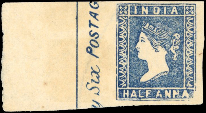 INDIA 1854 SG2 var Mint ½a blue die I 'A' stone flawed impression 'ANNA' retouched