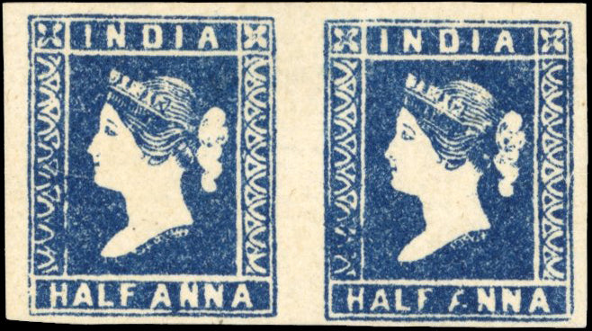 INDIA 1854 SG7 Mint ½a indigo die II 'C' stone horizontal pair flawed impression