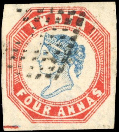 INDIA 1854 SG23 Used 4a blue and red 4th printing position 10 watermark reversed