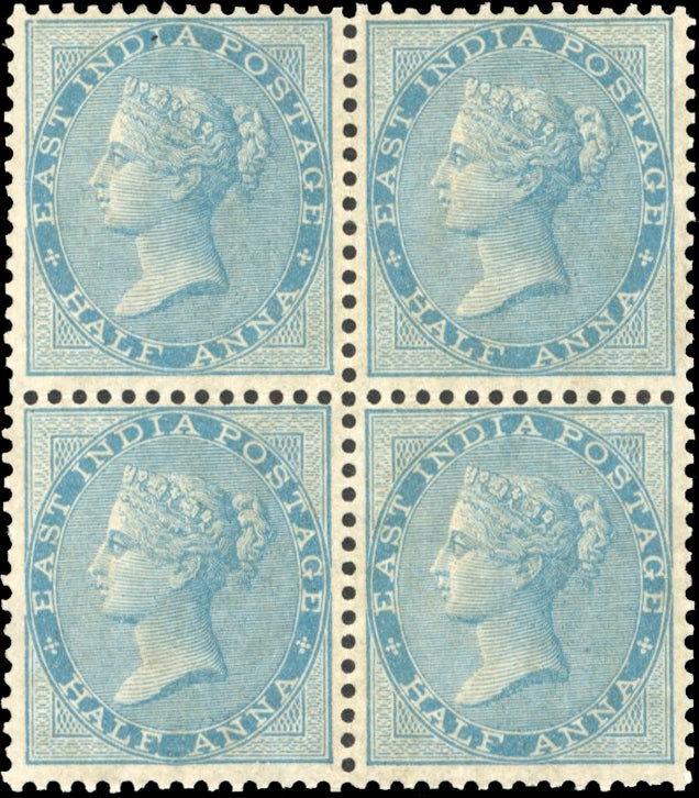 INDIA 1856 SG38 Mint ½a pale blue die I block of 4
