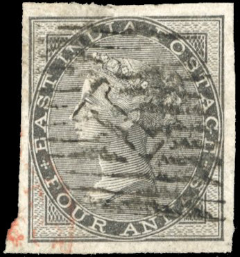 INDIA 1856 SG45b Used 4a black error imperforate '1' numeral of Bombay