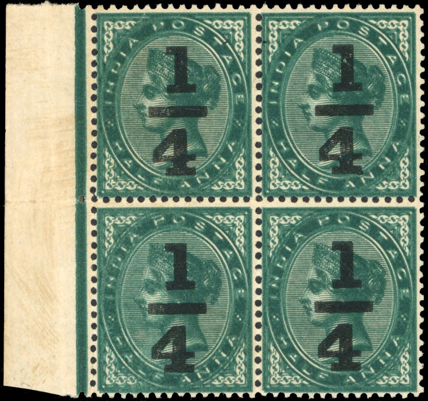 INDIA 1898 SG110b Mint ¼ on ½a blue-green error double impression of stamp marginal block of 4
