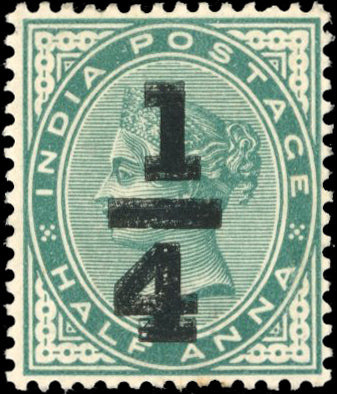 INDIA 1898 SG110a Mint ¼ on ½a blue-green error surcharge double ex Dawson