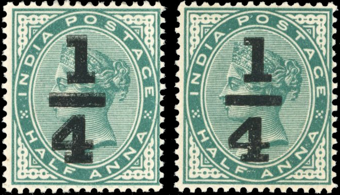 INDIA 1898 SG110a Mint ¼ on ½a blue-green error surcharge double with normal