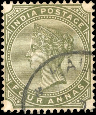 INDIA 1882 SG96w Used 4a slate-green watermark inverted 'KAL' cds