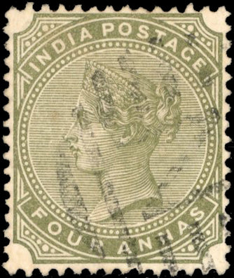 INDIA 1882 SG96w Used 4a slate-green watermark inverted 'N' in circle of bars